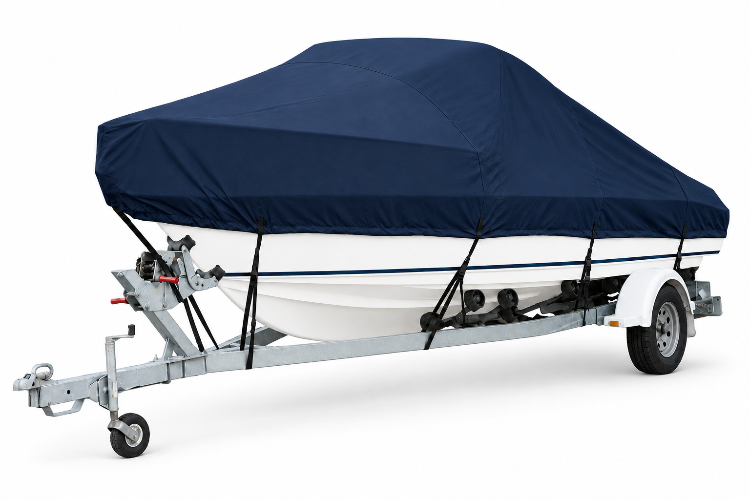 A boat fitted with a navy protective cover on a trailer